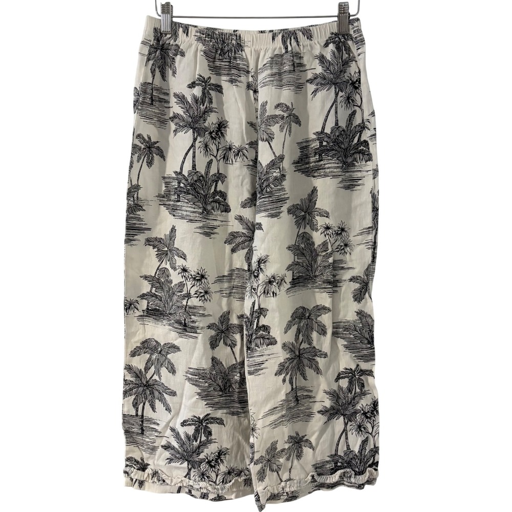 Angel Pie Womens Tropical Palm Tree Print Linen Ruffle Hem Cropped Pants White M